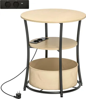 Productafbeelding van Bijzettafel, 3-laags salontafel met oplaadstation, stoffen opbergzak, opbergruimte, 50x50x55,1 cm, natuurhout