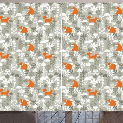 Produktbild von ARANDE Fuchs Gardine, Waldtiere in Flower Field Nursery Cartoon schlafen Wald Fauna, 280 x 260 cm, Orange Pale Sage Grün
