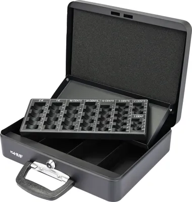 Produktbild von HMF 10016-02 Geldkassette abschließbar mit Münzzählbrett, Kasse mit Koffergriff | 30,5 x 24 x 8,5 cm | Schwarz