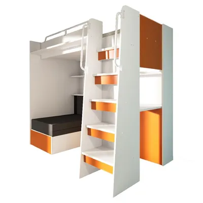 Produktbild von Marlux-Meble Hochbett JSM-7 90x200 TREPPE RECHTS mit Schreibtisch Schränke und Ausklappbares Sofa 70x180 Matt Funktionsbett Etagenbett Stockbett Kinderhochbett Jugendhochbett (Orange Matt)