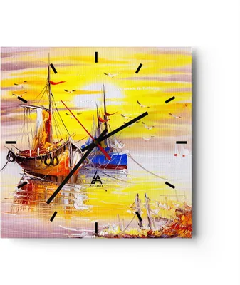 Produktbild von Wanduhr - Quadrat - Glasuhr - Boote Sonne Meer Reisen - 40x40cm - Schleichendes Uhrwerk - Lautlos - zum Aufhängen bereit - Dekoration Modern - Wanddekoration aus Glas - C3AC40x40-2882