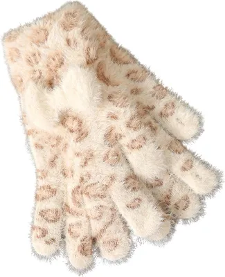Produktbild von 1 Paar Strickhandschuhe mit Leopardenmuster, Plüsch, warm, Winterhandschuhe mit Batik-Schleifenverzierung, Touchscreen-kompatibel