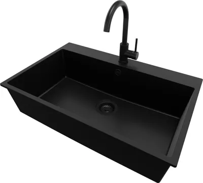 Produktbild von PRIMAGRAN Granitspüle Alles Schwarz 78x50cm, Spülbecken 1 Becken + Küchenarmatur 32x20cm + Ablauf-Set, Küchenspüle ab 80er Unterschrank - Riga