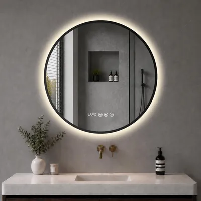 Produktbild von S'AFIELINA Badspiegel mit Beleuchtung Rund 60 cm Diameter,LED Badspiegel mit Touch, Beschlagfrei, Dimmbar, Uhr, Temperatur, Speicherfunktion,Schwarzer
