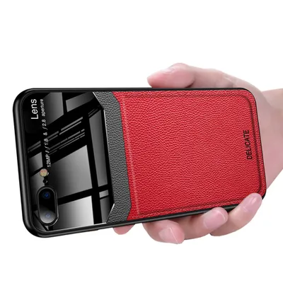 Obrázek produktu pro iPhone 8 Plus Pouzdro, Hybridní TPU Nárazník, Protiskluzové, Kožené Pouzdro s Texturou Litchi a Skleněnou Ochrannou pro iPhone 7 Plus / iPhone 8 Plus červené