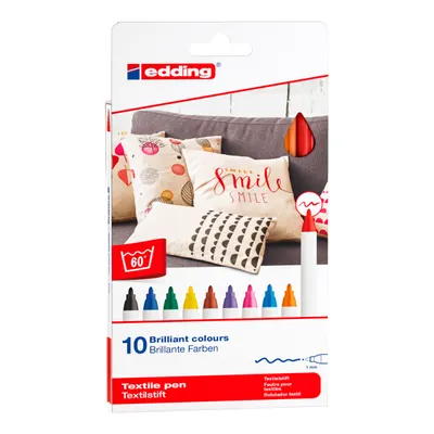 Packaging for a set of 10 textile pens in various colors, displayed with an image of decorated pillows.