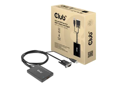 Produktbild von CLUB3D VGA and USB Type-A to HDMI Adapter with Pigtail M/F 0.6m/1.97ft 28AWG, 0,6 m, HDMI Typ A (Standard), VGA (D-Sub) + USB, Buchse, Stecker, Gerade