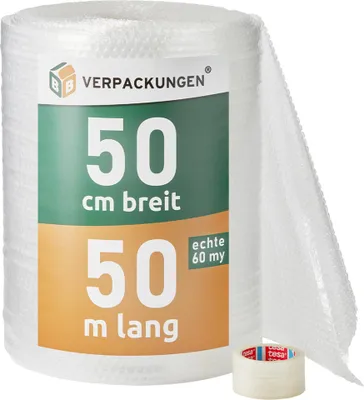 Produktbild von Verpackungsset Sparpaket Luftpolsterfolie 0,5 x 50 m + Tesa Klebeband PP 64014 (transparent) Verpacken Polstern Schützen BB-Verpackungen