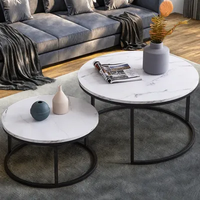 Image de UnboxG Table basse ronde, 2 pièces avec motif en marbre, 80x45cm+60x33cm, noir