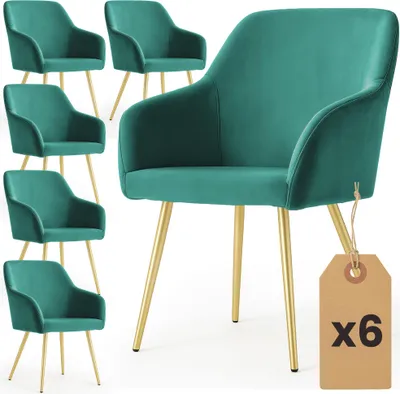 Produktbild von 6er Set Glatte Velours Esszimmerstühle ESTELLE Dunkelgrün mit goldenen Beinen