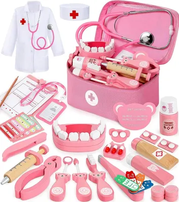 Produktbild von Kinder-Arztkoffer – Holzspielzeug – Rollenspielzeug – 40-teiliges Set – 12,7 x 12,7 cm – Natürliches Holz