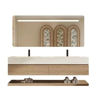 Immagine prodotto di Set lavabo doppio da appendere a parete, effetto travertino, con specchio, mobile sottolavabo, pietra sinterizzata, con foro per rubinetteria 140×55 cm【RW4822-140 K】