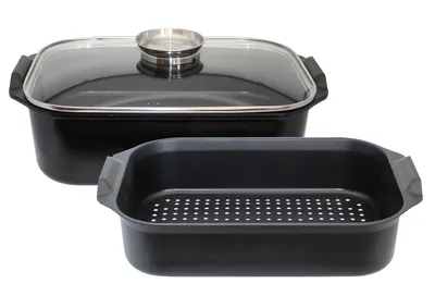 Image de ELO  Duo Vital Cocotte en fonte d'aluminium rectangulaire Couvercle en verre avec bouton aromatique Induction noir 40 cm