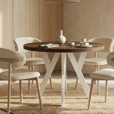 Produktbild von Runder Ausziehbarer Tisch für Esszimmer, PERO, Loft-Stil, Skandinavische, Durchmesser: 120 / 220 cm, Farbe: Franklin Nuss / Weiß