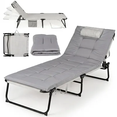 Image de TRANSAT GARDEN COSTWAY, pliable, avec coussin, poche latérale, repose-tête et dossier réglable, idéal pour le jardin, les invités, le camping, couleur gris