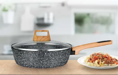 Produktbild von TIEFE Bratpfanne mit Glasdeckel 24 cm für alle Herdarten, antihaft Granit- Keramikbeschichtung