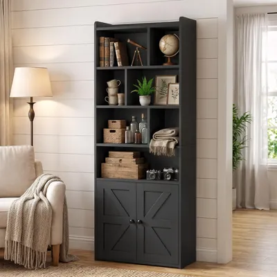 Produktbild von 4-stöckiges Bücherregal mit Türen und Schrank, Bücherregal, bodenstehendes Ausstellungsregal, 60 x 30 x 159 cm
