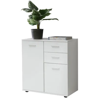 Produktbild von Kommode mit Türen & Schubladen 71x78x35,5cm Schrank Holz Weiß | Flurschrank hell modern | Mehrzweckschrank klein | Anrichte Sideboard matt | Kommodenschrank Flurmöbel