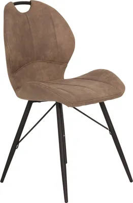 A single brown dining chair with black metal legs, displayed on a white background.