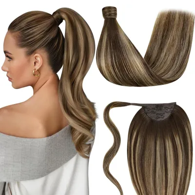 Obrázek produktu pro Prodlužovací vlasy, přírodní vlasy, hnědé, balayage, cop, délka 40 cm, hmotnost 80 g, odstín #4/27/4