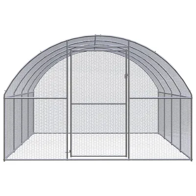A front view of an empty outdoor chicken coop.