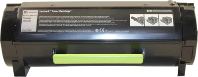 A black toner cartridge with a green handle, shown from the front.