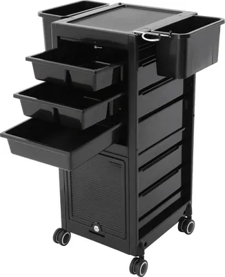 Image de Chariot de coiffure - Chariot de rangement Avec roulettes - 2 portes - Tiroirs - 6 étagères - Structure en plastique - Montage - Noir