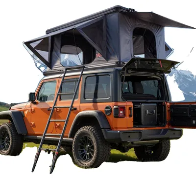 Produktbild von VEVOR Dachzelt Hartschale, 2-3 Personen Aluminium Dachzelt Hartschale mit Tri-Color LED-Licht, dicke Matratze & 2 Fenster, wasserdicht winddicht Überland Camping Auto Dachträger für Jeep SUV Pickup