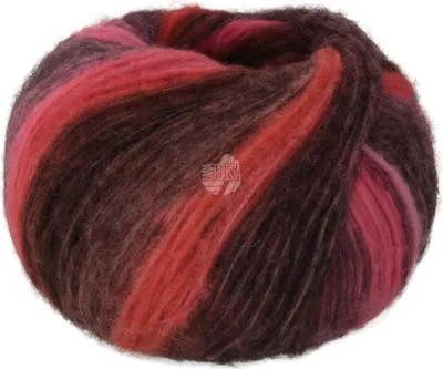 A ball of yarn with multi-colored stripes.