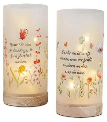 Produktbild von Formano LED Deko Licht Glas 2er Set Leuchtdeko Zylinder mit Spruch & Timer
