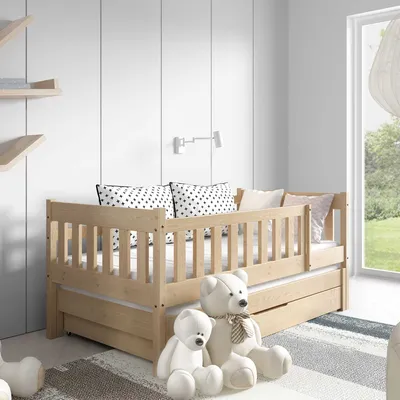 Produktbild von Kinderbett 160 x 80 cm mit Matratze, Unterbett und Schublade, Doppelbett mit Rausfallschutz Kiefer KAJA