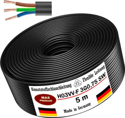 Produktbild von 5m Kunststoffschlauchleitung H03VV-F 3G0,75 Schwarz Leitung Gerätekabel