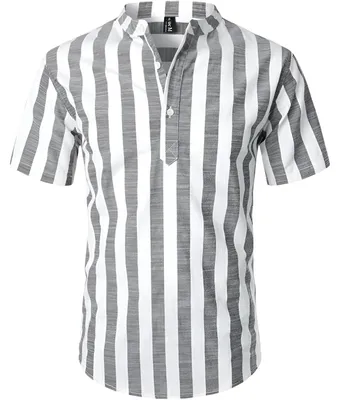 Produktbild von Herren Henley-Hemd Casual mit Streifen Baumwoll Kurzarm Grau Weiß S