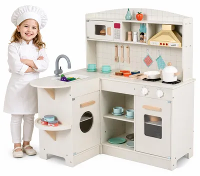 Imagen del producto de Cocina de juguete infantil en forma de L, para niños mayores de 3 años, fabricada en madera y con elementos educativos, que incluye luces, sonidos, microondas, horno, campana extractora y fregadero. Cocina de juego