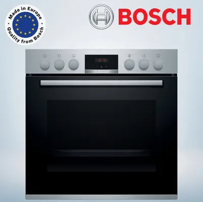 A Bosch oven is shown against a light background with branding and a quality seal.