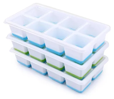 Obrázok produktu pre Silikónové formy na ľad, veľké, s vekom, bez BPA, sada 3 kusov, 24 kociek ľadu, modrá a zelená