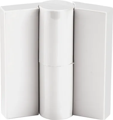 A white plastic hinge is shown against a white background.