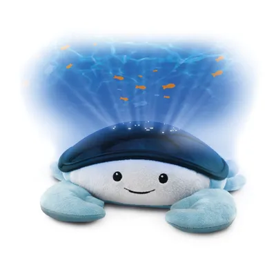 A plush toy crab projecting an underwater scene with fish.