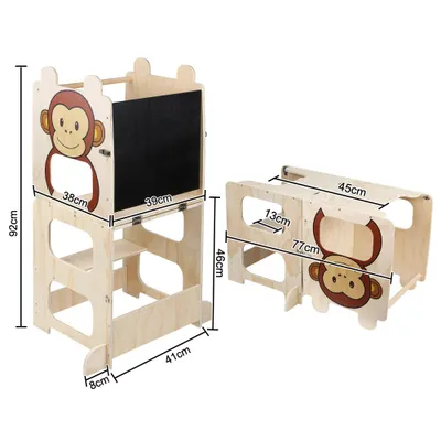 Produktbild von 2 in 1 Lernturm für Kinder,Montessori Stehhilfe mit Tafel,Holz Verwandelbar Lernturm Kleinkind Küchenhelfer Tritthocker für ab 1 Jahr (Affe-Stil)