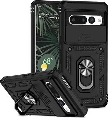 Image de Étui pour Google Pixel 7 Pro étui double couche avec couvercle coulissant pour appareil photo et support annulaire noir