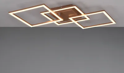 A modern ceiling light fixture with three interconnected square frames, illuminated by warm white LED lights, mounted on a ceiling.