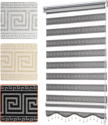 A collage of fabric samples and a roller blind with a Greek key pattern.