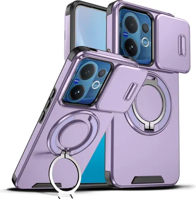 Image de Etui double couche pour Vivo V60, avec cache-appareil photo coulissant et anneau magnétique Purple