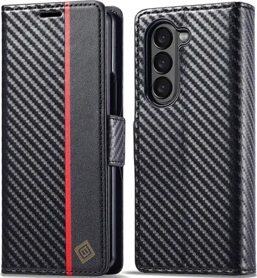 Produktbild von Hülle für Samsung Galaxy Z Fold5 Kohlefaser Leder Brieftasche Schutzhülle mit Standfunktion Schwarz Vertikale Rot