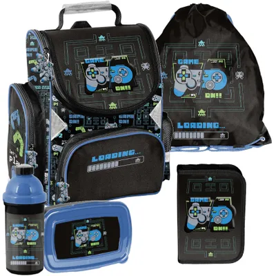 Produktbild von Schulranzen 5-tlg. Set für Mädchen & Jungen GAME PADS – Paso Ranzen, Mäppchen, Tasche, Flasche, Frühstückstasche
