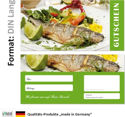 Produktbild von 100 Stück Geschenkgutscheine (Fisch-688) Gutscheine Gutscheinkarten für Gastronomie Bereiche wie Restaurant Gaststätte Lieferdienst Fischhandel