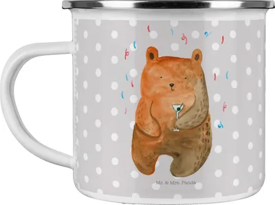 Produktbild von Mr. & Mrs. Panda Emaille Tasse Bär Party - Grau Pastell - Geschenk, Geburtstagsgeschenk, Lustig, Teddy, Blechtasse, Teetasse, Geburtstag, Gute Laune, Pott, Haferl