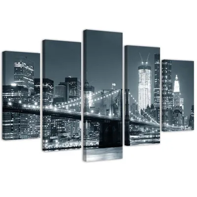Produktbild von 5-teiliges leinwandbild brooklyn bridge schwarz und weiß 100x70 cm Feeby grau wandbild bereit zum aufhängen