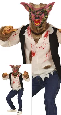 Productafbeelding van Werwolf Halloweenkostuum, bloedig monsterwolf, angstaanjagend, met masker. Ideaal voor griezelige feestjes en enge optredens tijdens Halloween. Maat: 52 - 54 (L). Kleur: Beige/bruin