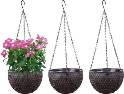 Produktbild von Hängende Pflanzentöpfe, 3-teiliges Set, selbstwassende Hängetöpfe mit Wasserbehälter und Drainageschlitzen, Honigrauttendesign, Hängetöpfe mit rostfreien Ketten, dunkelbraun, Maß S (16,5 cm Durchmesser).
